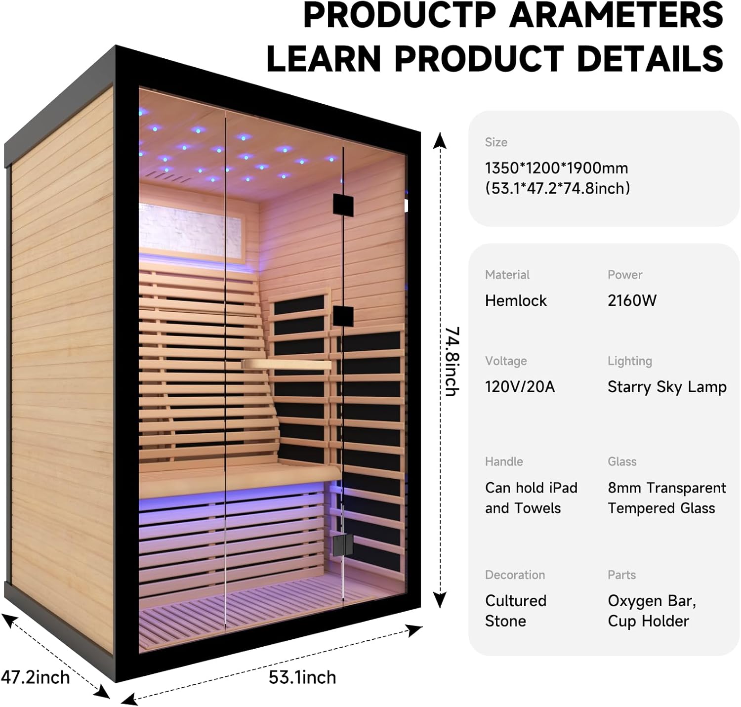 2 Person Infrared Sauna Room Far Infrared Saunas Home Canadian Hemlock Indoor 2100W Low-EMF Dry Saunas with Oxygen Bar
