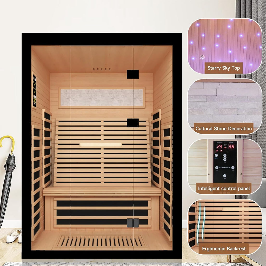 2 Person Infrared Sauna Room Far Infrared Saunas Home Canadian Hemlock Indoor 2100W Low-EMF Dry Saunas with Oxygen Bar
