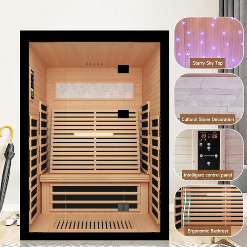2 Person Infrared Sauna Room Far Infrared Saunas Home Canadian Hemlock Indoor 2100W Low-EMF Dry Saunas with Oxygen Bar