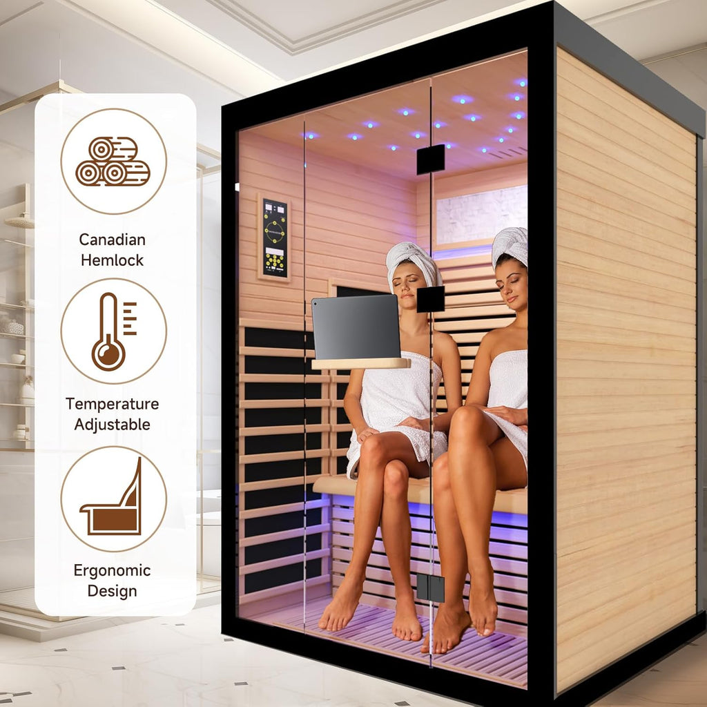 2 Person Infrared Sauna Room Far Infrared Saunas Home Canadian Hemlock Indoor 2100W Low-EMF Dry Saunas with Oxygen Bar